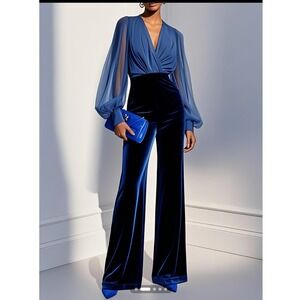 NWT Fehaute Blue Velvet Mesh Jumpsuit Sz 8 Wide Leg Long Sleeve Formal Event